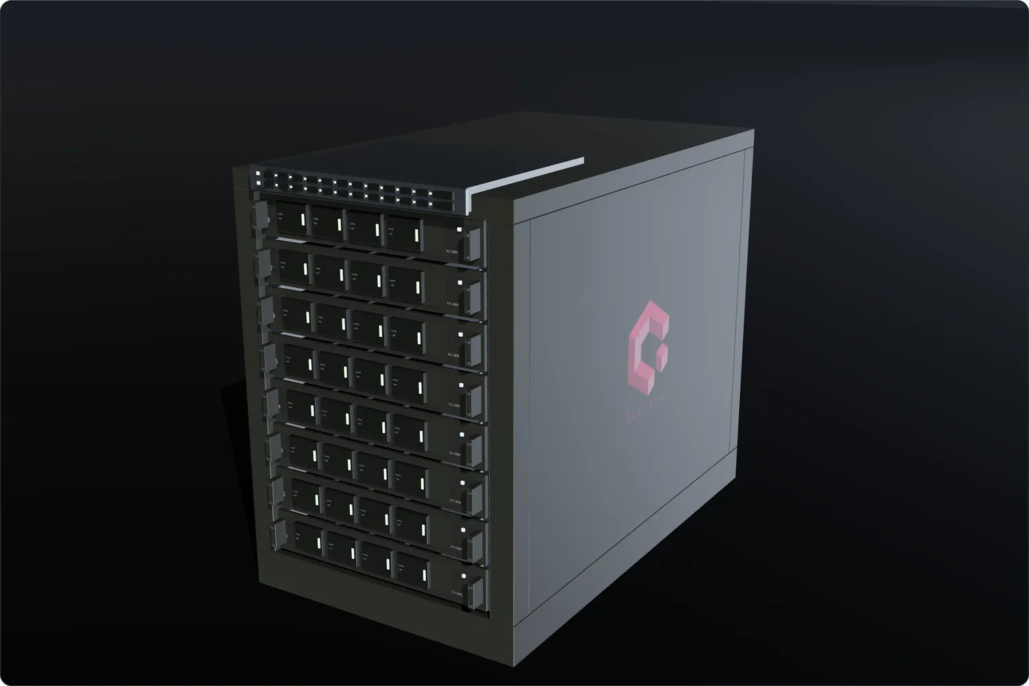 A server cabinet from the DCIMate digital twin: eight compute nodes racked below a top-of-rack switch.